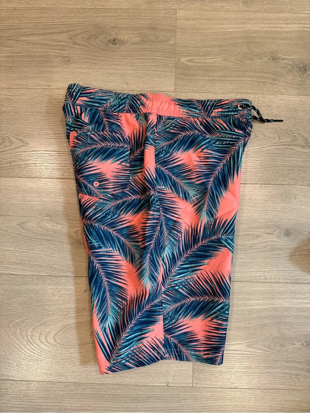 abercrombie kids Coral and Teal Palm-Print Swim Trunks